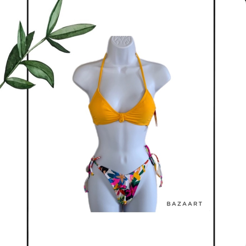 Xhilaration Yellow Bralette Bikini Top & Floral String Bikini Bottom